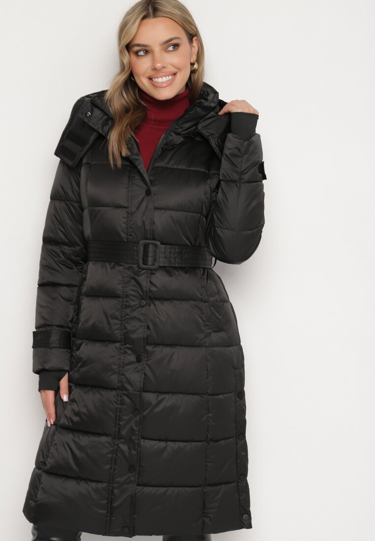 Jachetă Neagră Matlasată lungă cu centură în talie Delathiel