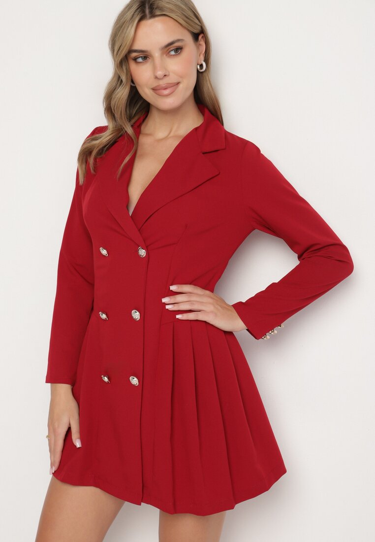 Rochie Sacou Bordo Plisată cu Croială Cloș cu Nasturi Decorativi Zoriea