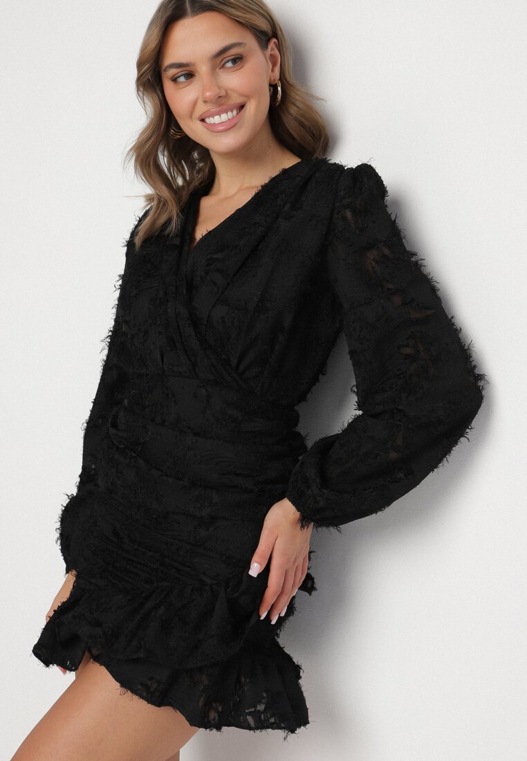 Rochie Neagră Petrecută Dantelată cu Mâneci Bufante, Volane și Încrețituri Demeriana