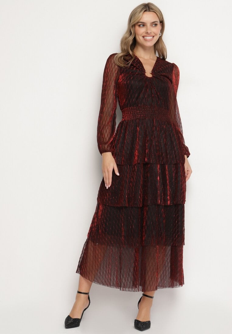 Rochie Grena Evazată Decorată cu fir metalic cu volane Wetarvia