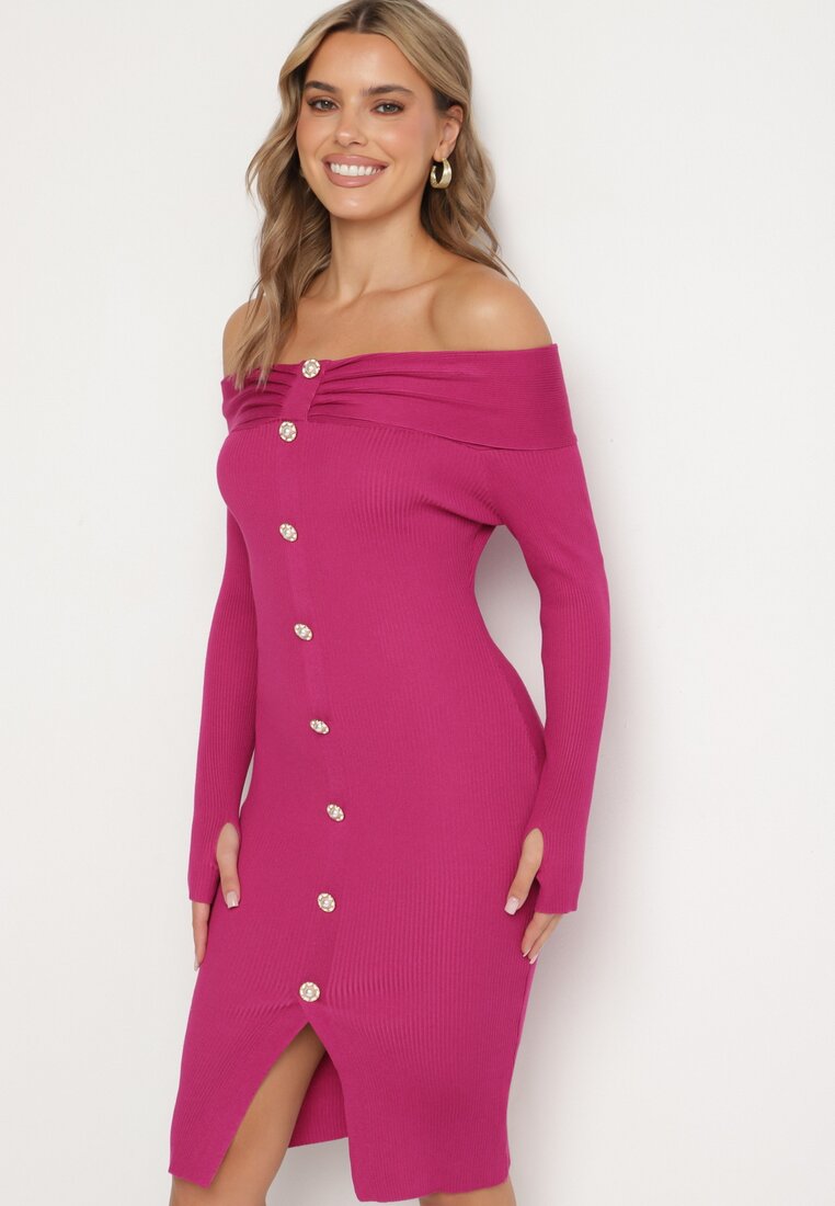 Rochie fucsia tricotată de cocktail cu viscoză, nasturi decorativi și decupaj pentru degetul mare Faledi