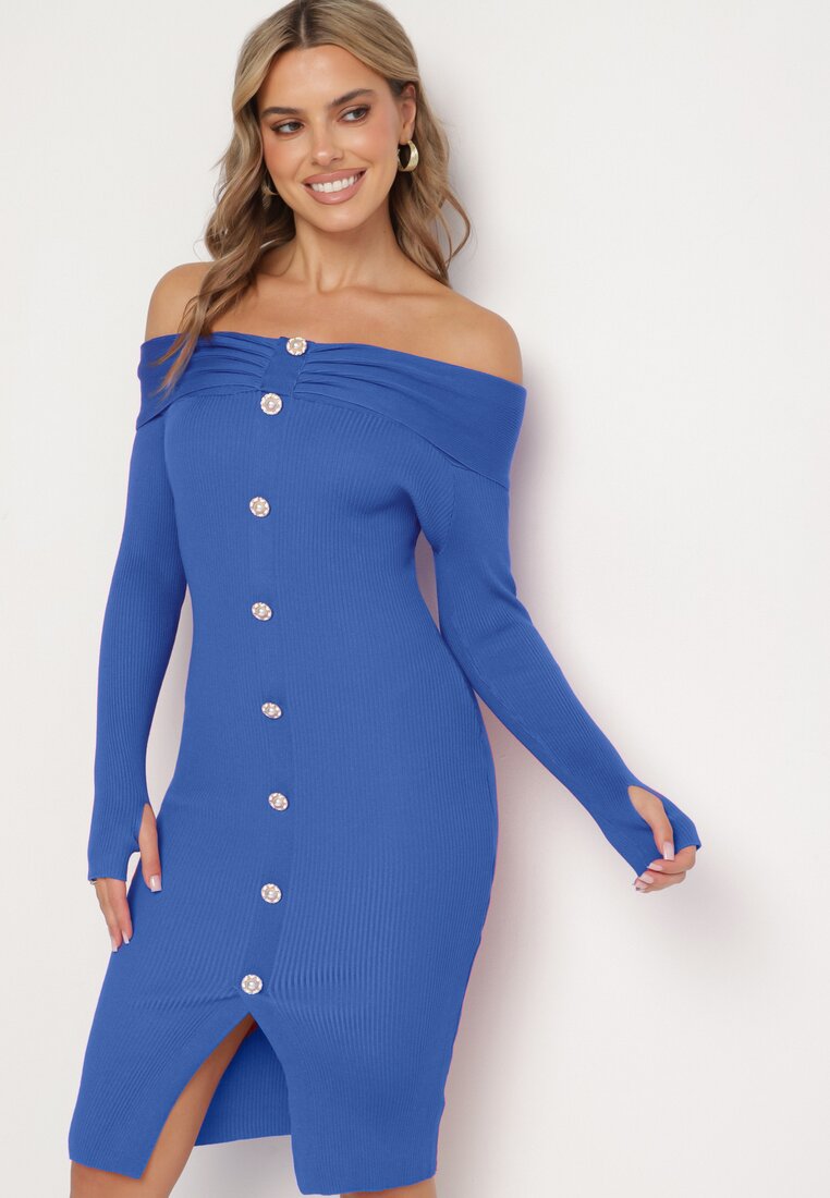 Rochie Tricotată Albastră De Cocktail cu Viscoză, nasturi decorativi și decupaj pentru degetul mare Faledi