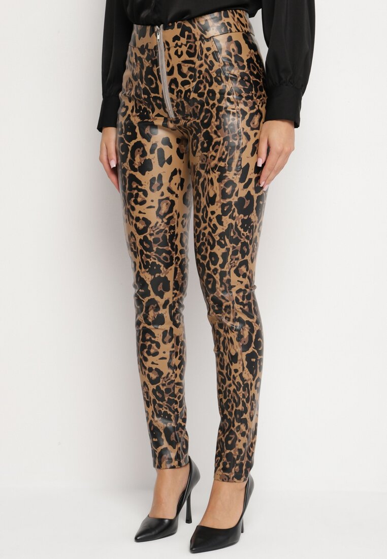 Pantaloni Maro Căptușiți cu imprimeu leopard cu talie înaltă din imitație de piele Decorați cu fermoar Filanis