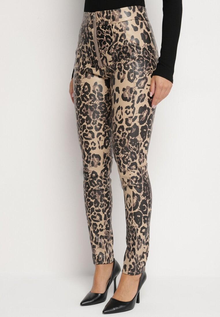 Pantaloni Bej-Negru Groși cu imprimeu leopard cu talie înaltă din imitație de piele decorați cu fermoar Filanis