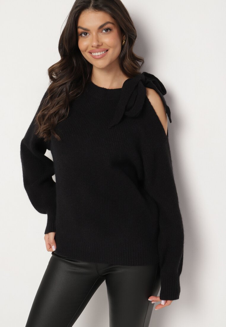 Pulover Negru Decorat cu Fundă și cu Decupaj Noredi