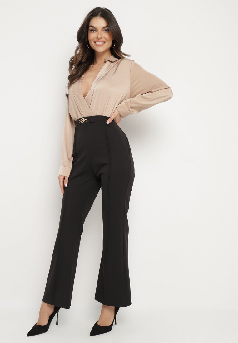 Salopetă Elegantă Negru-Bej cu Bluză Petrecută și Picior Larg Boleeti