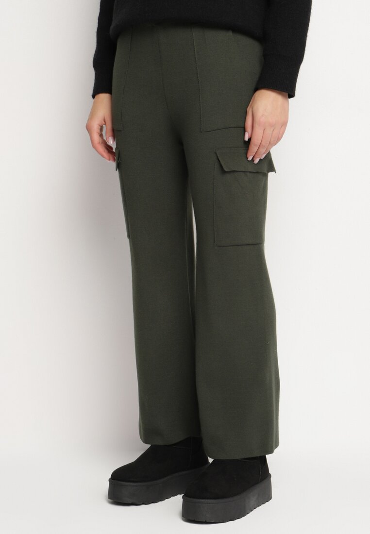 Pantaloni Verzi închis Tricotați cu croi larg cu elastic în talie și buzunare Emarissea