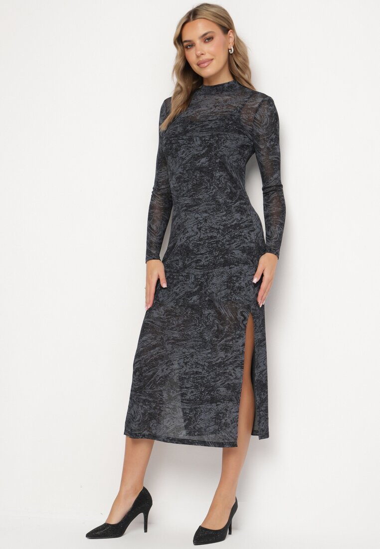 Rochie Negru-Gri din plasă cu viscoză cu croială mulată cu fante și jupă Histaria