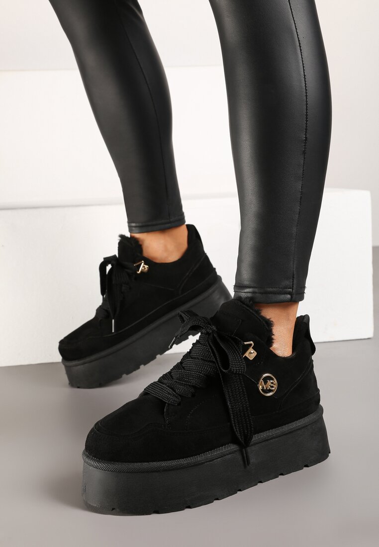 Adidași Negri din Imitație de Piele Întoarsă pe Platformă Căptușiți cu Blană Sennalia