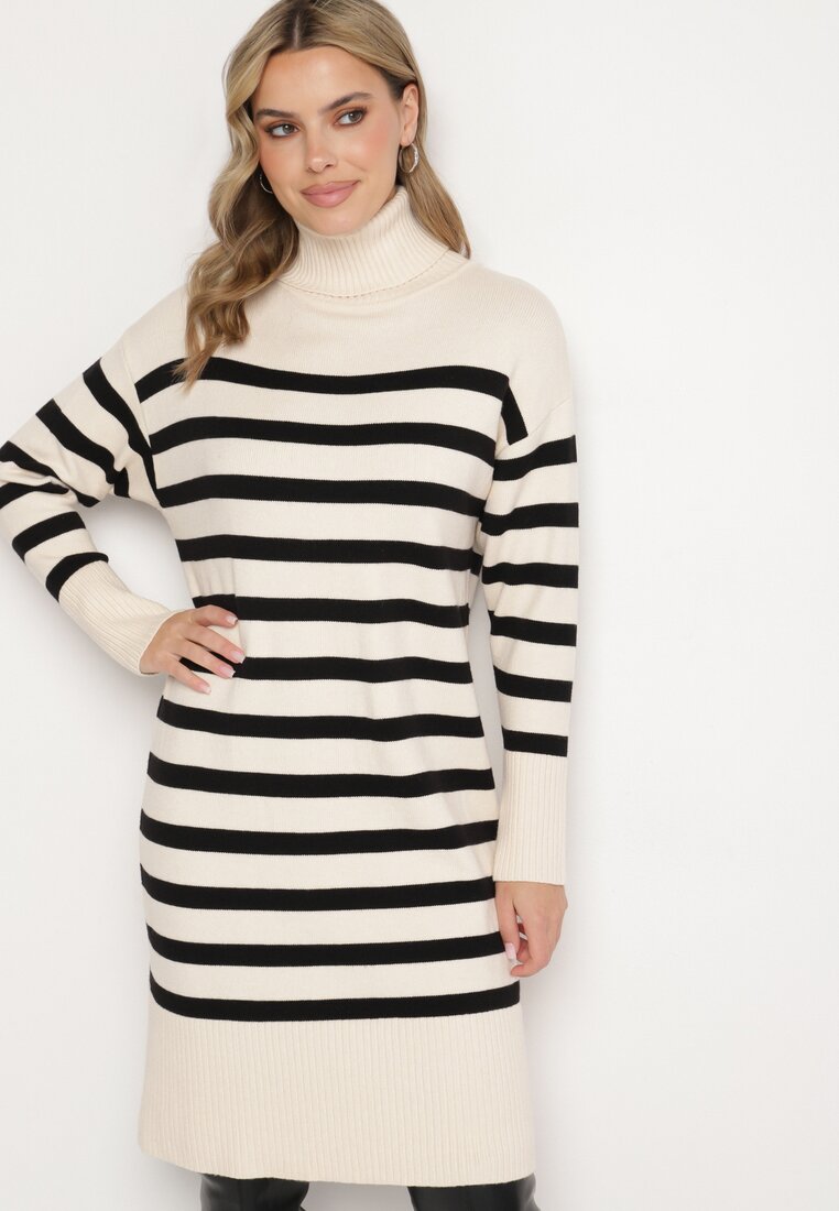 Rochie pulover Crem și Negru cu guler înalt din viscoză și modal decorată cu dungi Fesalttia