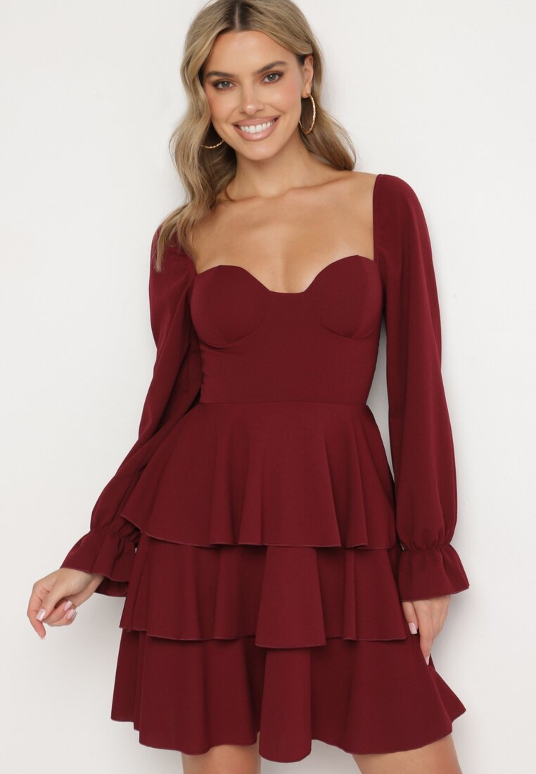 Rochie Evazată Bordo cu Volane și Mâneci Bufante Semithara