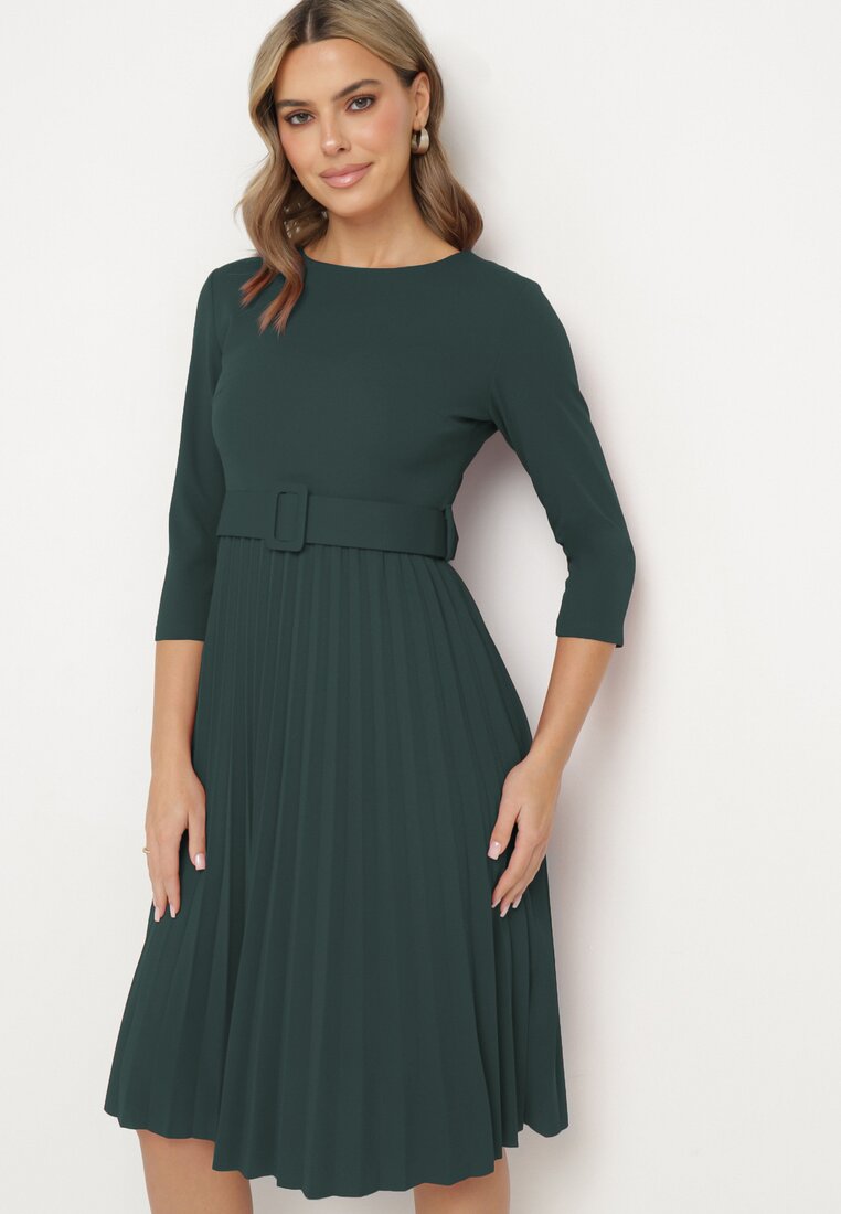 Rochie Verde închis Evazată cu pliuri și curea cu cataramă Lennoria