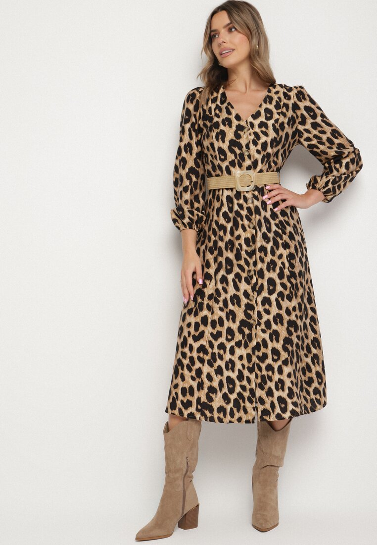 Rochie bej evazată din viscoză cu imprimeu leopard și centură Aliri