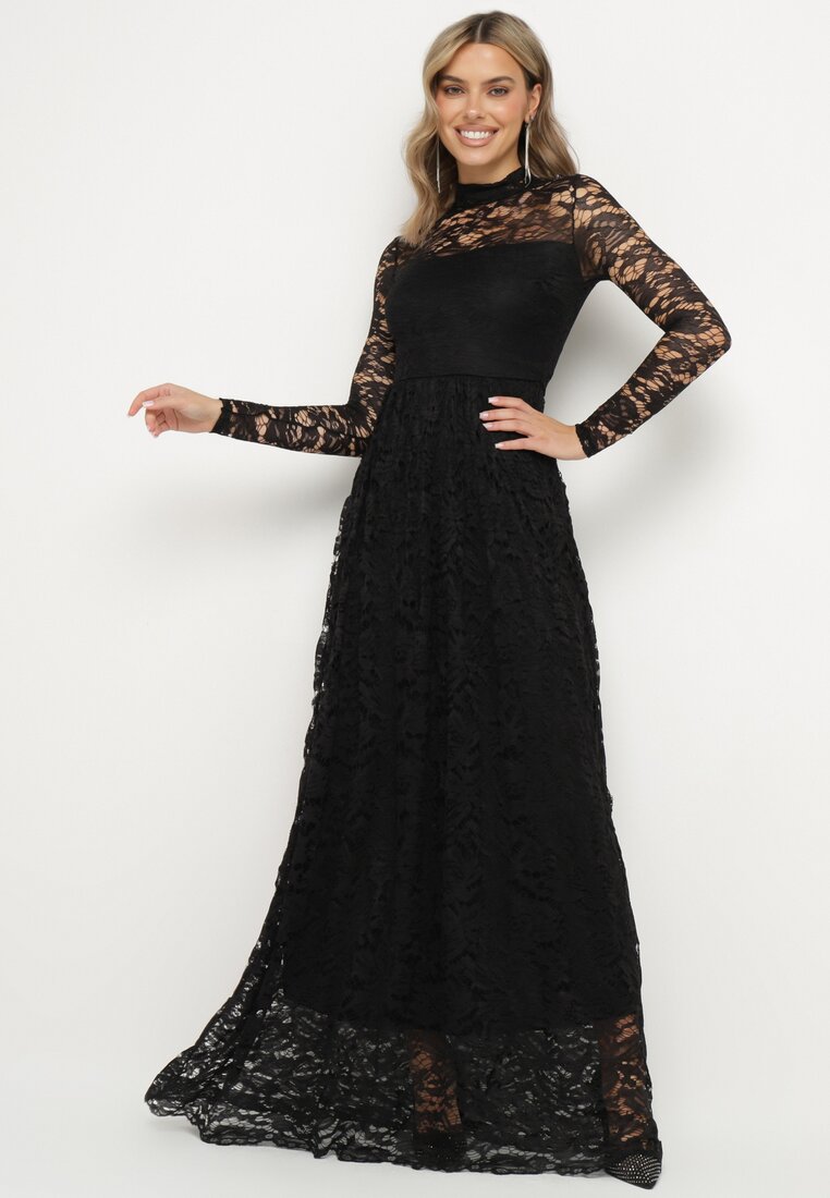 Rochie Neagră Evazată din Dantelă cu Guler înalt și Elastic în Talie Delaviae