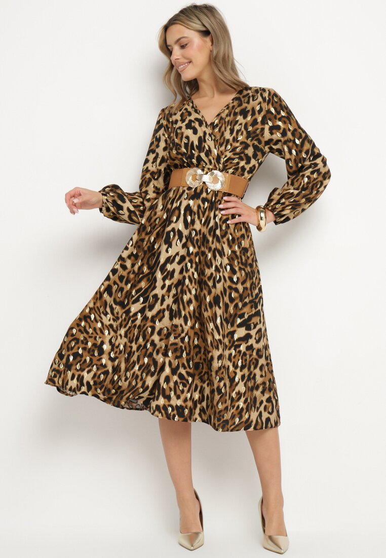 Rochie petrecută Maro cu Vâscoză cu imprimeu leopard, cu curea și elastic în talie Annilora