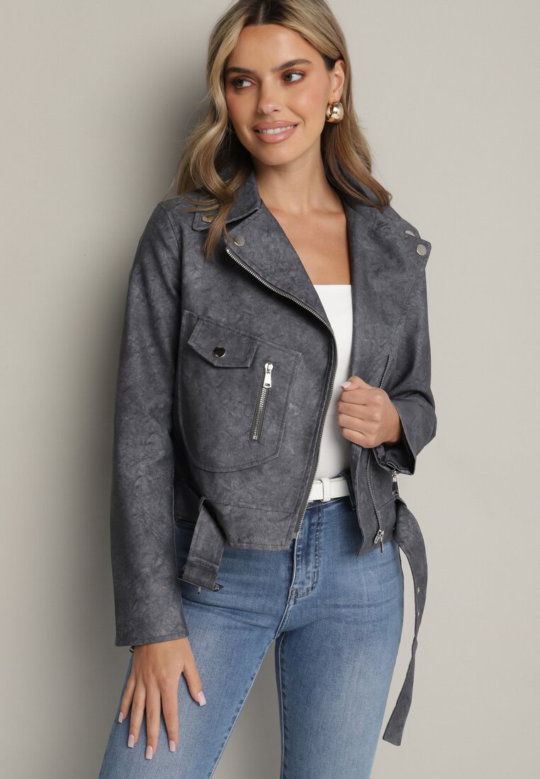 Geacă Gri Biker cu Buzunare și Curea cu Cataramă Polvila