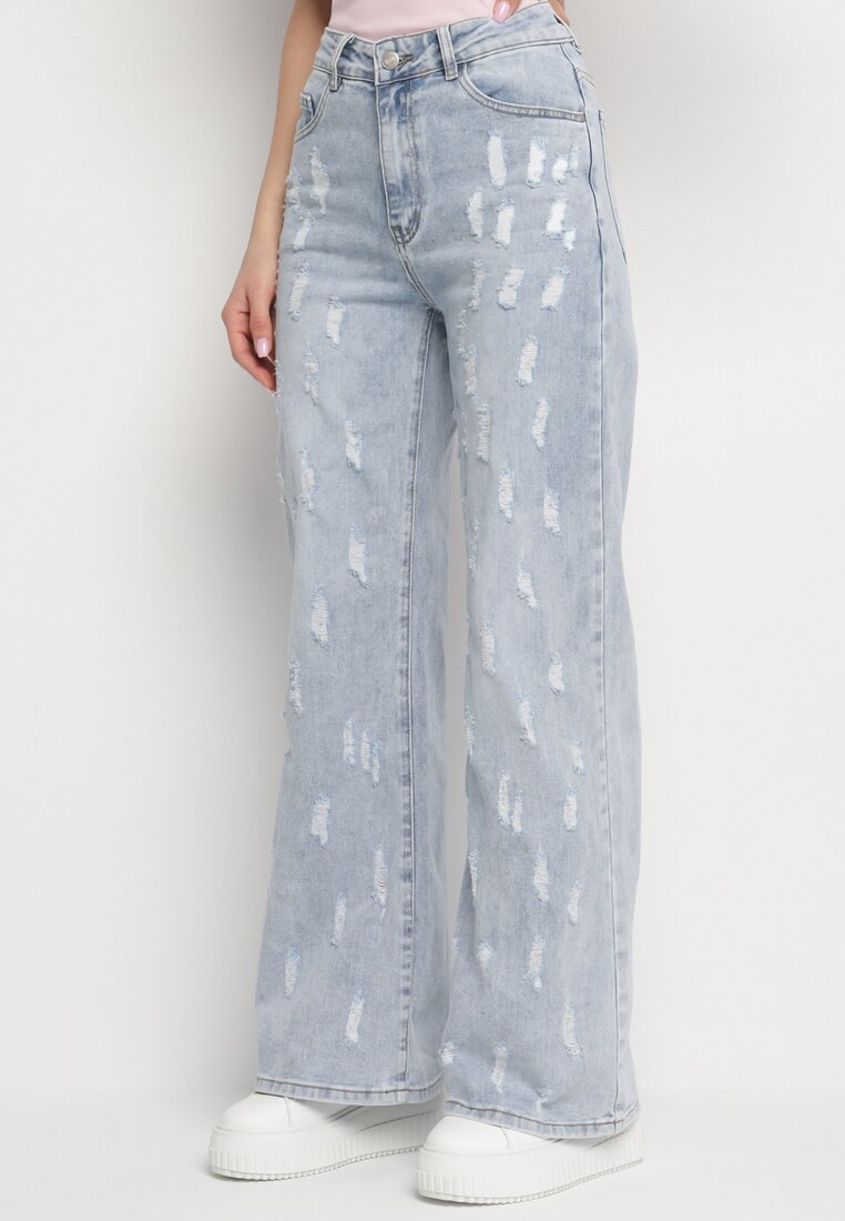 Blugi Albastru deschis De bumbac Largi Cu talie înaltă cu rupturi Feladriel