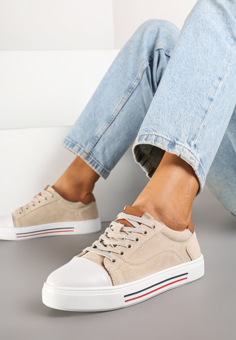 Adidași bej din piele cu talpă plată cu branț din piele și vârf contrastant Helili