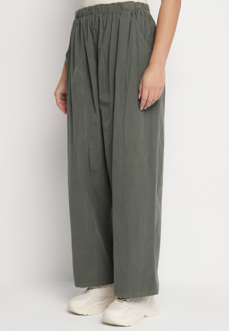 Pantaloni Largi Verde închis din Bumbac cu Talie înaltă Florili