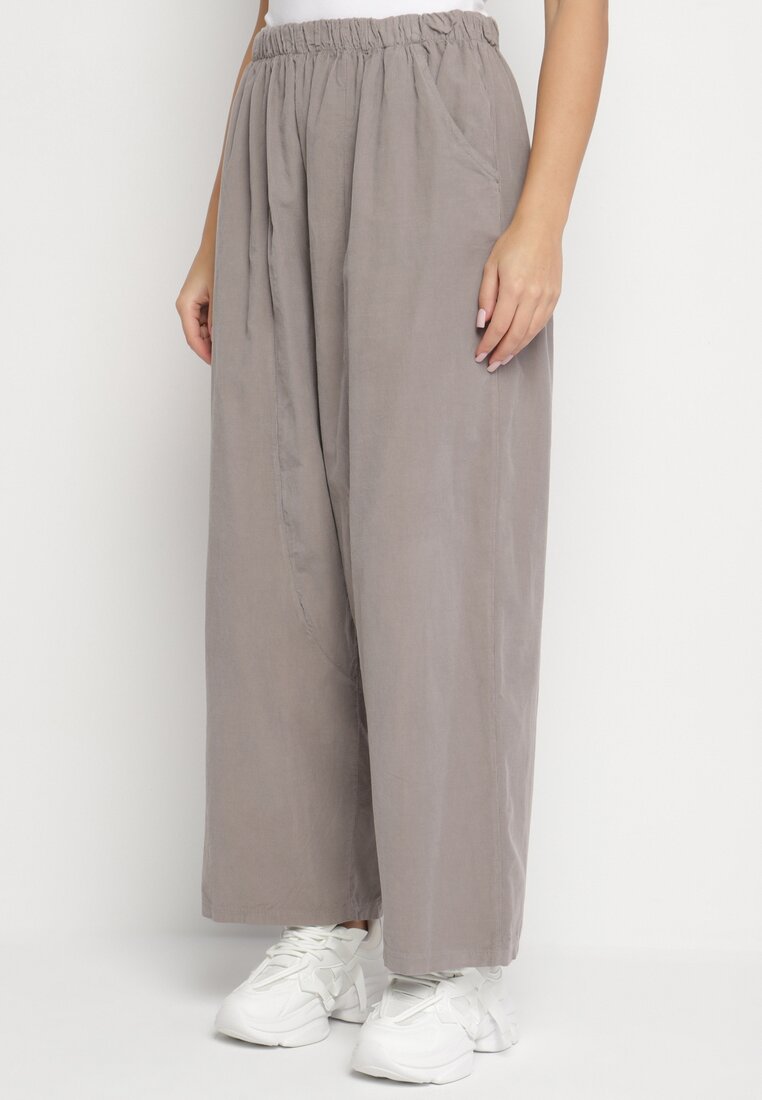 Pantaloni Largi Gri din Bumbac cu Talie Înaltă Florili