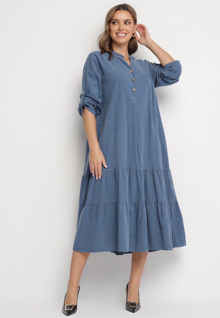 Rochie Cloș Albastră De Bumbac cu Volan și Mâneci Reglabile Rivesi