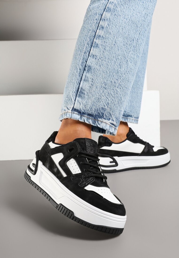 Sneakers Negru-Alb cu Talpă Groasă, cu Perforații și Model Geometric în Relief Deolisa