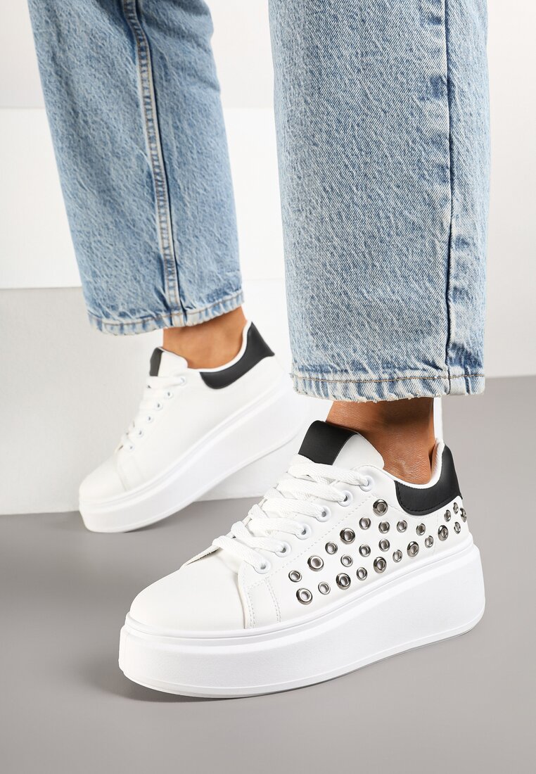 Adidași Alb-Negri pe Talpă Groasă cu Aplicații Decorative Marivelle