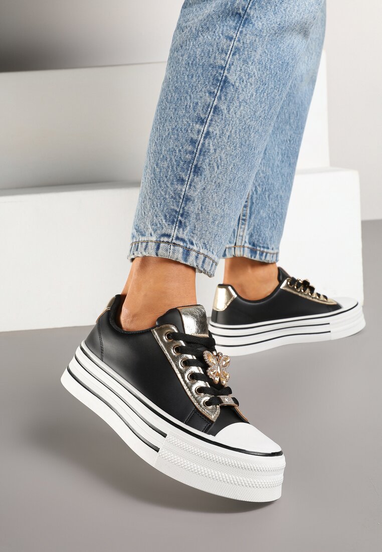 Adidași Negri pe Talpă Groasă Decorați cu Aplicație cu Fluture Hanathra