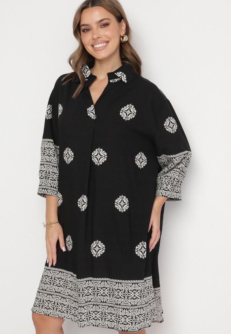 Rochie neagră din viscoză decorată cu model geometric Nalanessa