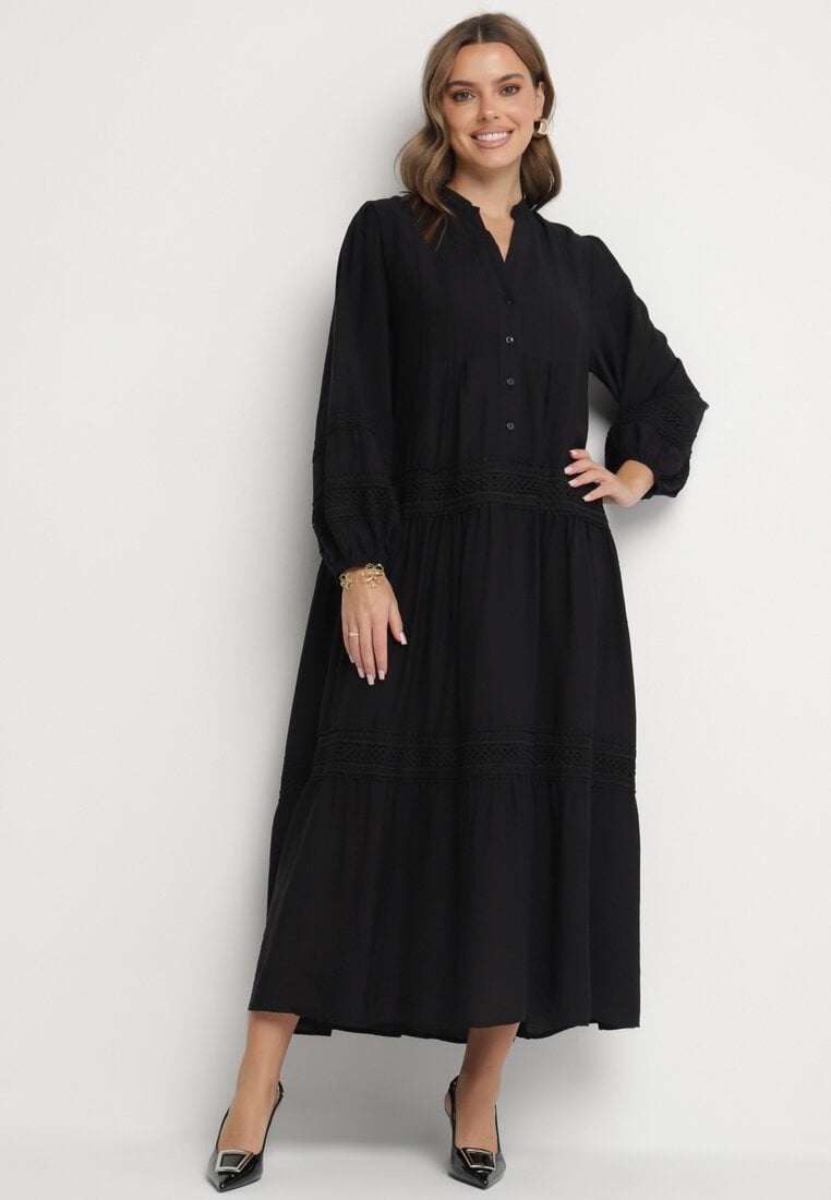 Rochie Cloș Neagră din Viscoză cu Inserții din Dantelă Nalanieth