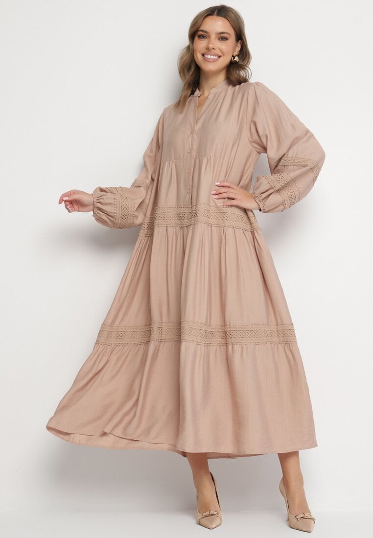 Rochie Bej închis Evazată din Viscoză cu Inserții din Dantelă Nalanieth