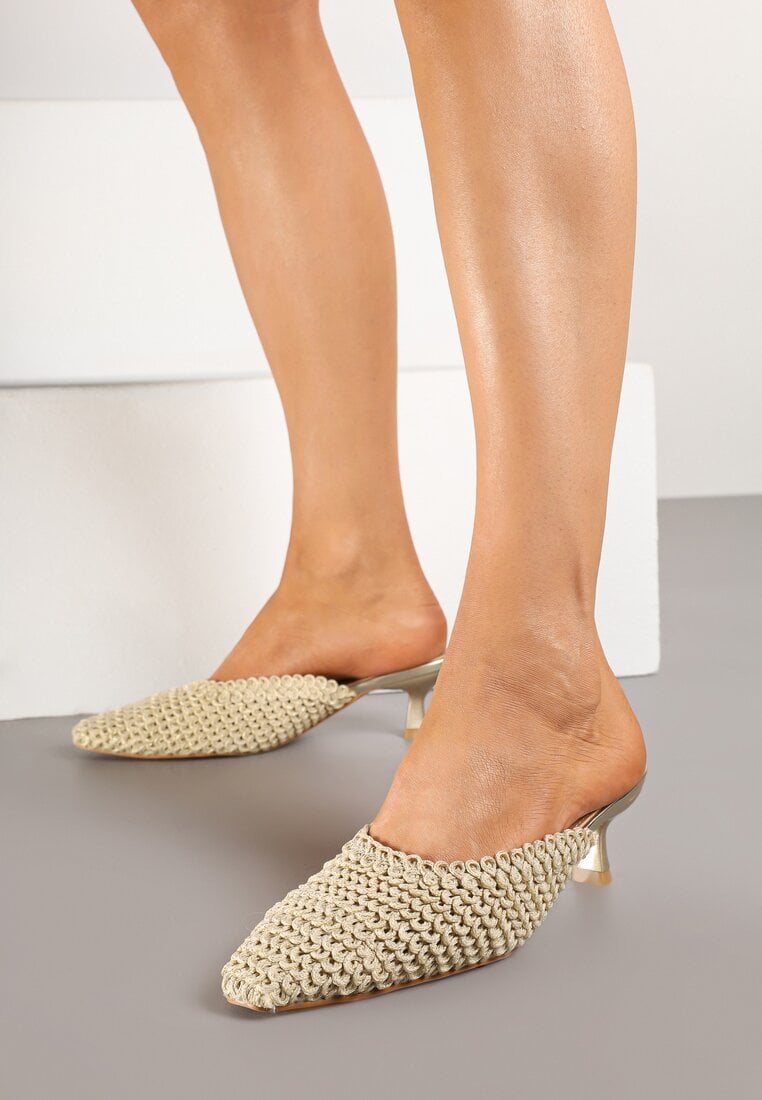 Papuci Aurii cu toc tip pisică cu baretă împletită Doliriel