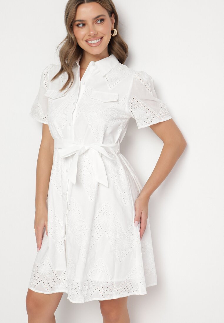 Rochie Albă Brodată din Bumbac cu Curea Elearotea