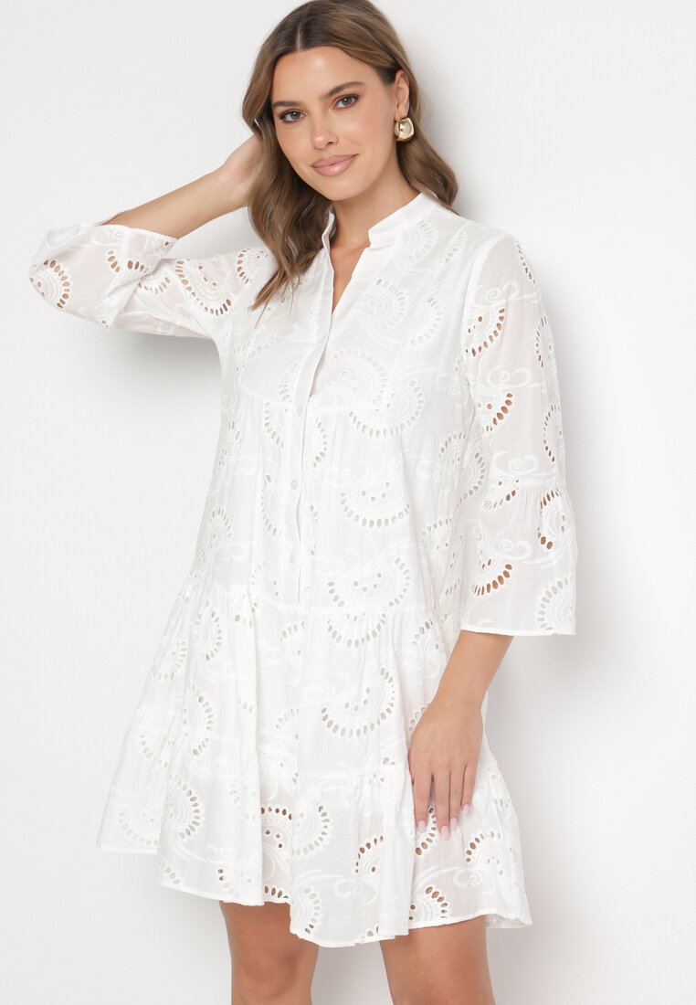 Rochie Evazată Boho Albă din Țesătură Brodată din Bumbac Loraviel