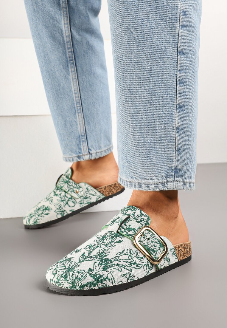 Papuci Verzi Florali Plati în stil sabot cu cataramă Fonelis