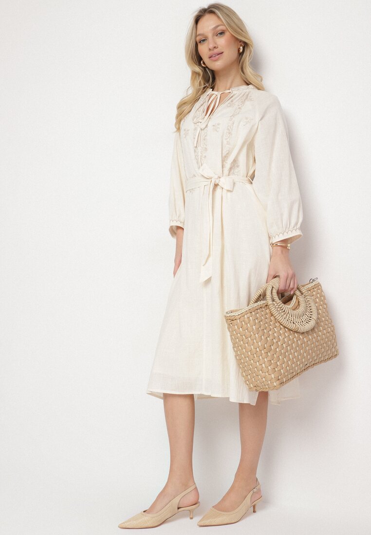 Rochie bej de bumbac Boho cu broderie și curea legată Gonisea