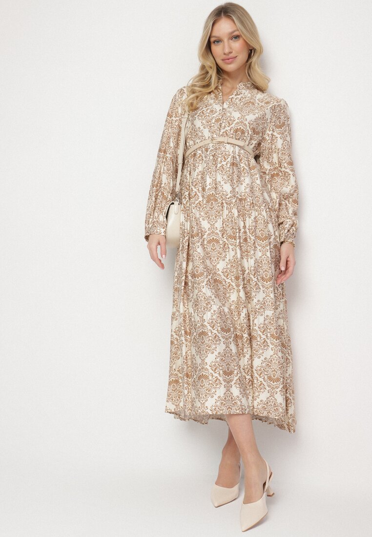 Rochie Bej Cloș din Viscoză cu Model Ornamental Gonavina