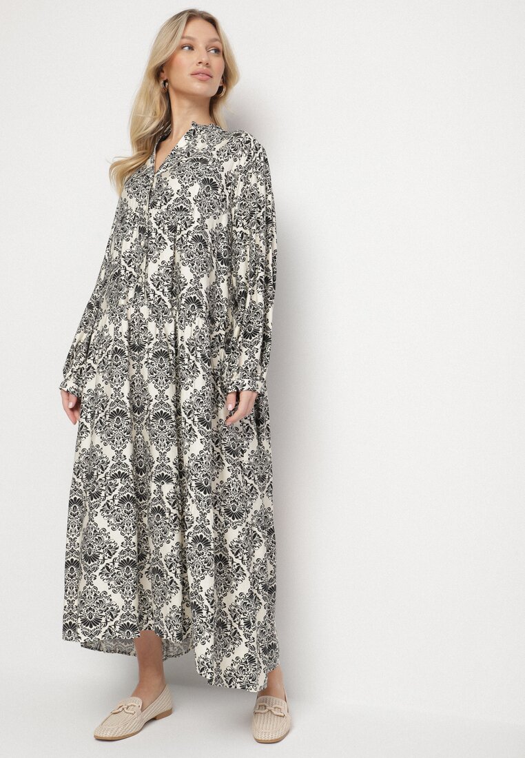 Rochie Cloș Neagră din Viscoză cu Model Ornamental Gonavina