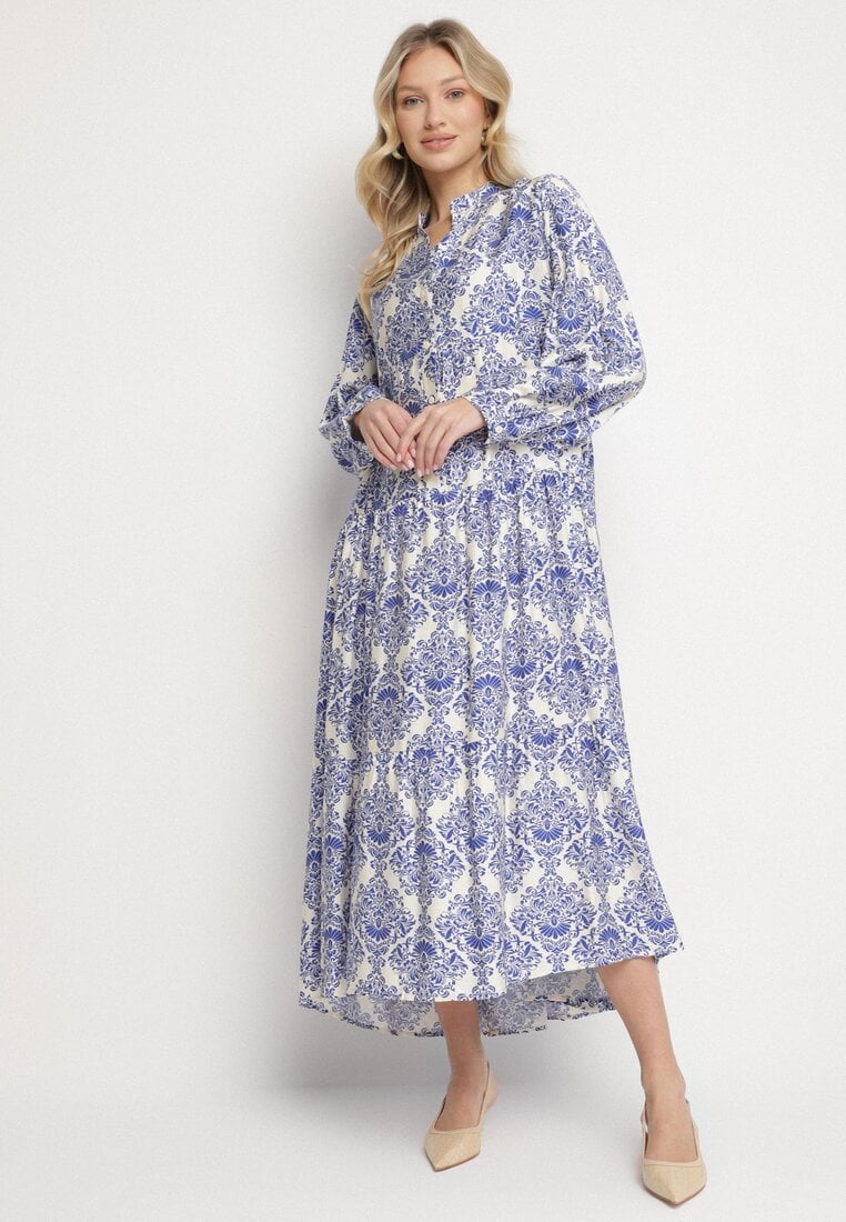 Rochie Cloș Albastră din Vâscoză cu Model Ornamental Gonavina