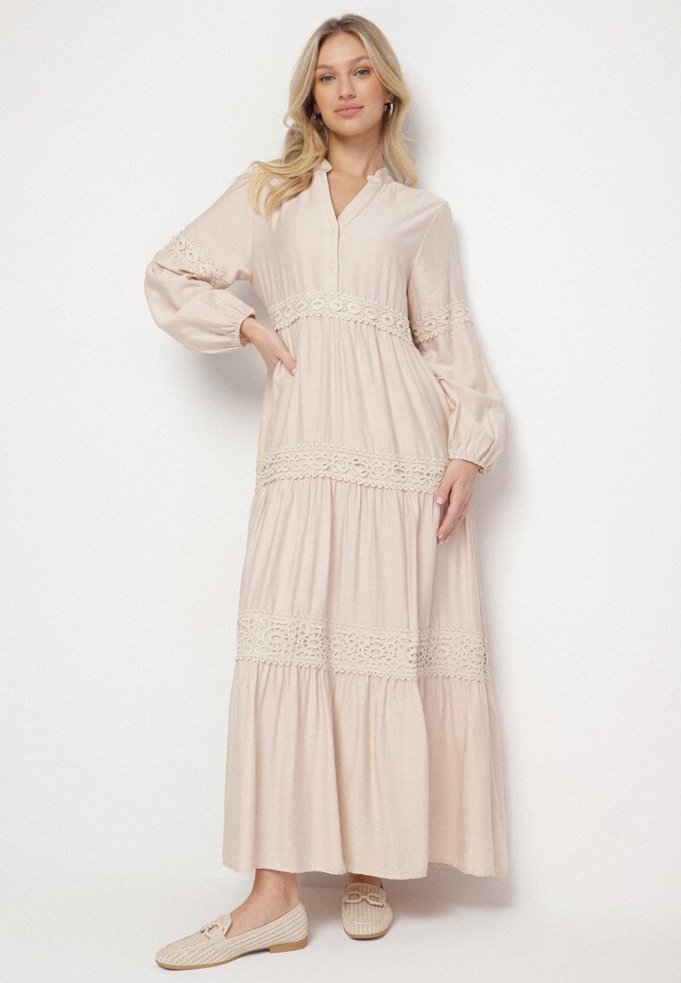 Rochie Bej Evazată din Viscoză Decorată cu Dantelă Gonireth