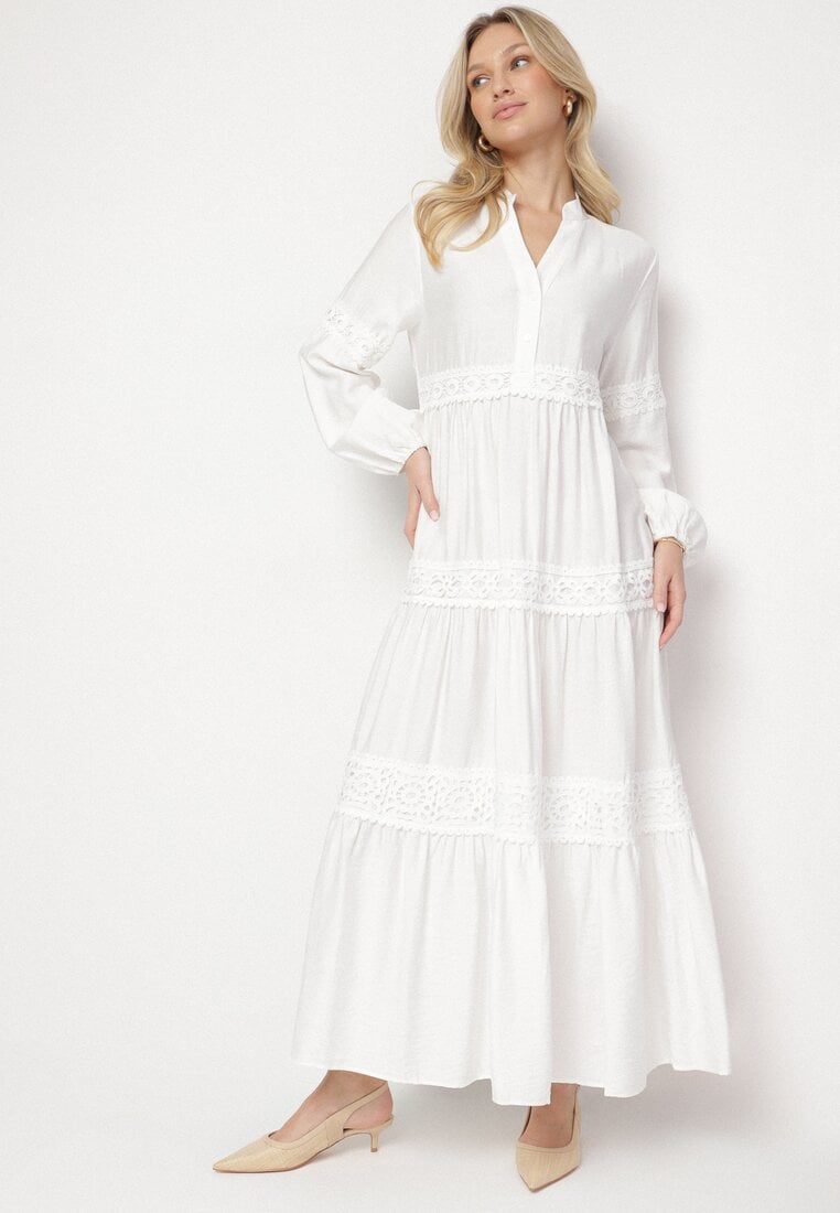 Rochie Albă Cloș din Viscoză Decorată cu Dantelă Gonireth