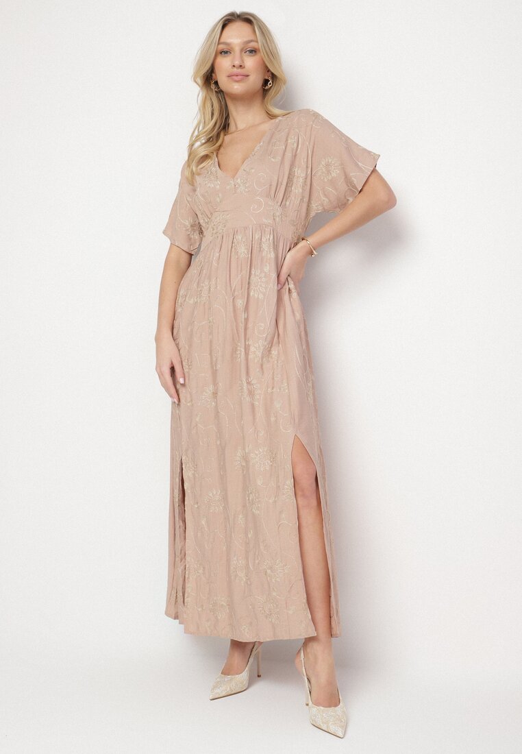 Rochie Bej din Vâscoză cu Fir Metalic și Broderie Nelvesia