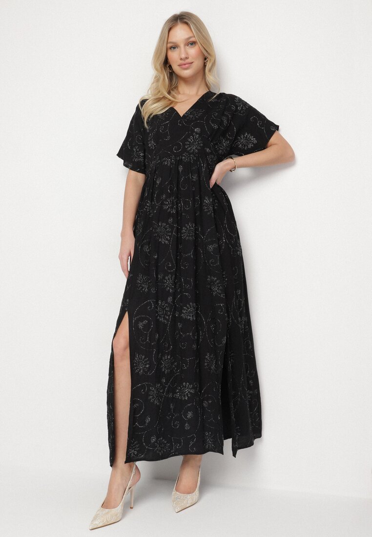 Rochie Neagră de Viscoză cu Fir Metalic și Broderie Nelvesia