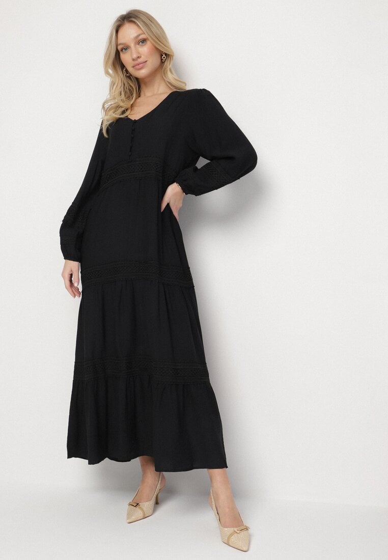 Rochie Neagră din Viscoză cu croială evazată cu inserții din dantelă Gonessae