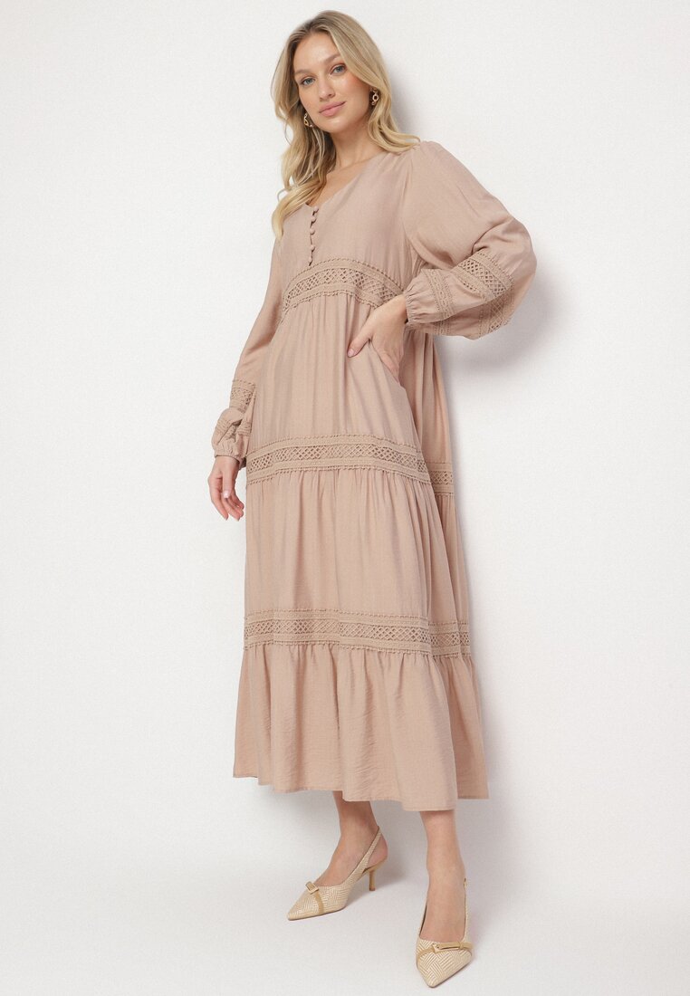 Rochie Bej închis din Viscoză cu croială evazată și Inserții din Dantelă Gonessae