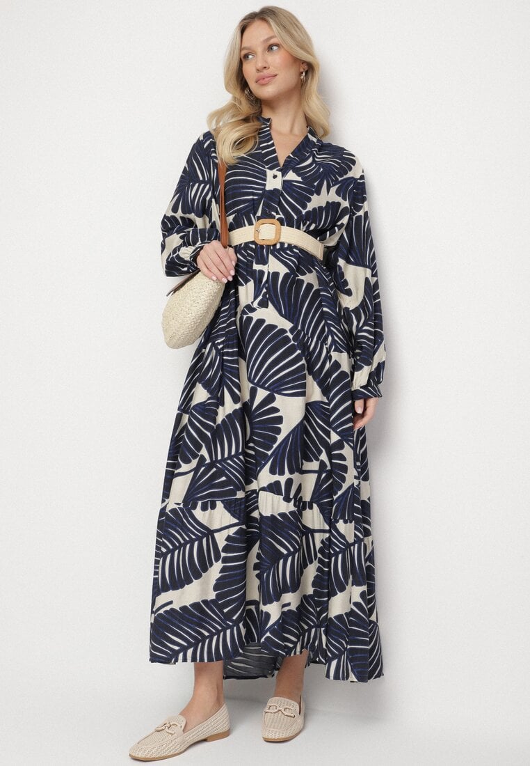 Rochie Albastră Din viscoză Cu croială evazată Cu imprimeu cu frunze Rivvesa