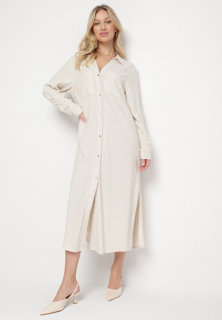 Rochie Bej Tip Cămașă din In și Viscoză cu Mâneci Reglabile Melvezia