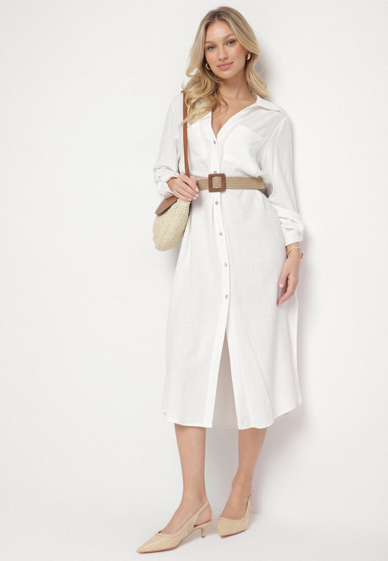 Rochie Cămașă Albă cu in și viscoză cu mâneci reglabile Melvezia