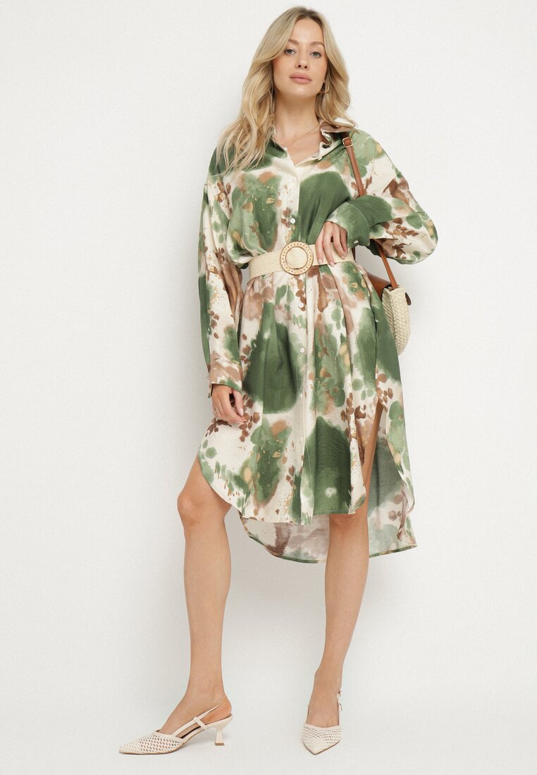 Rochie cămașă Verde Oversize din Viscoză cu Model Abstract Gonania