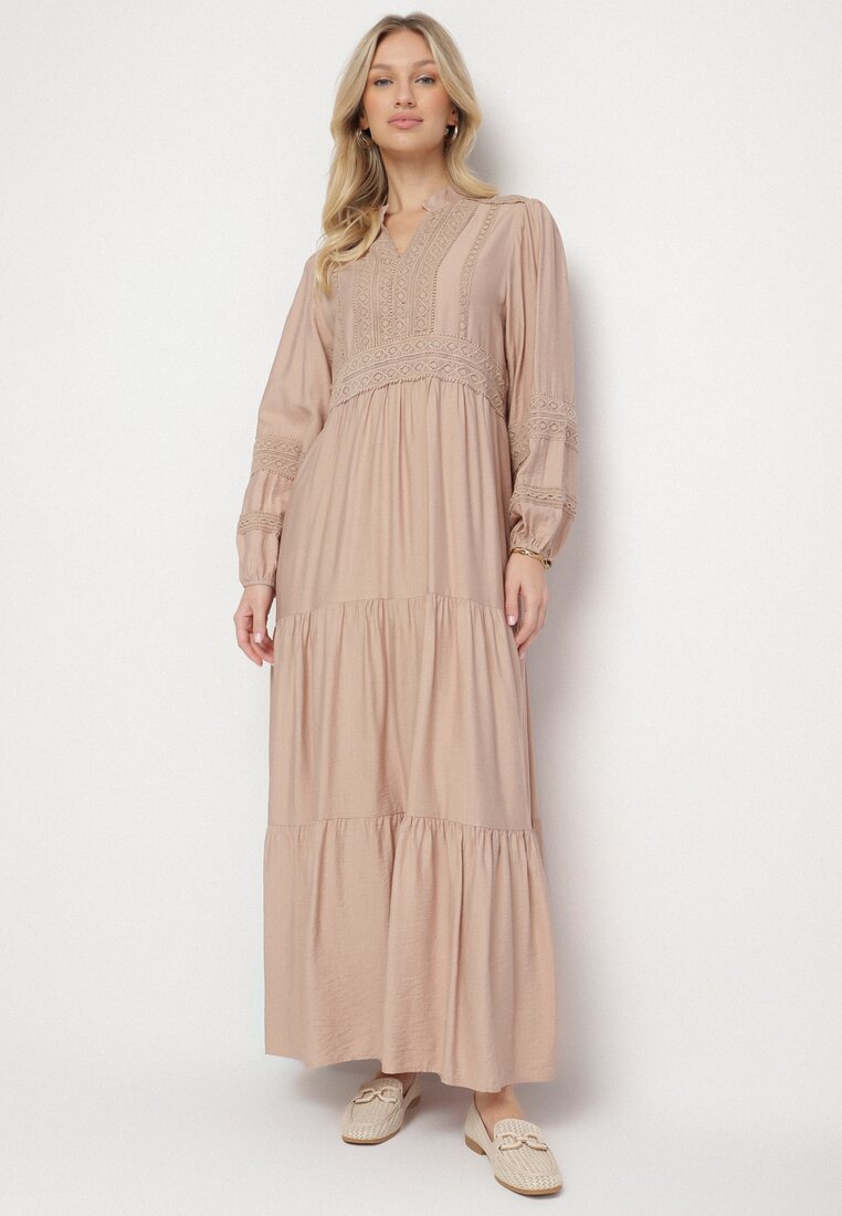 Rochie vâscoză bej Boho cu croială evazată, cu elastic și dantelă Gonillea